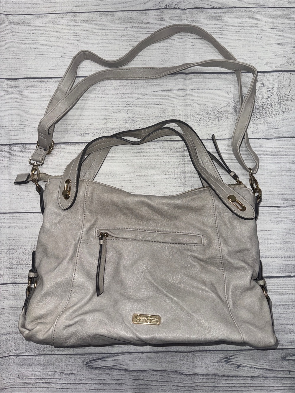 Jessica Simpson Elephant Grey Leather Shoulder Bag with Gold Hardware